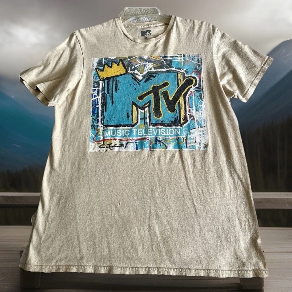 MTV Crown Graffiti Logo Mens Medium Retro Vintage Concert Tan T-shirt